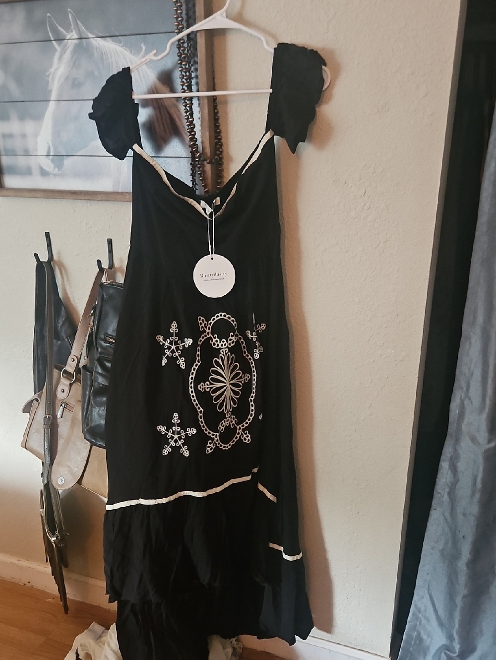 Black Embroidered Maxi Dress with White Detail -